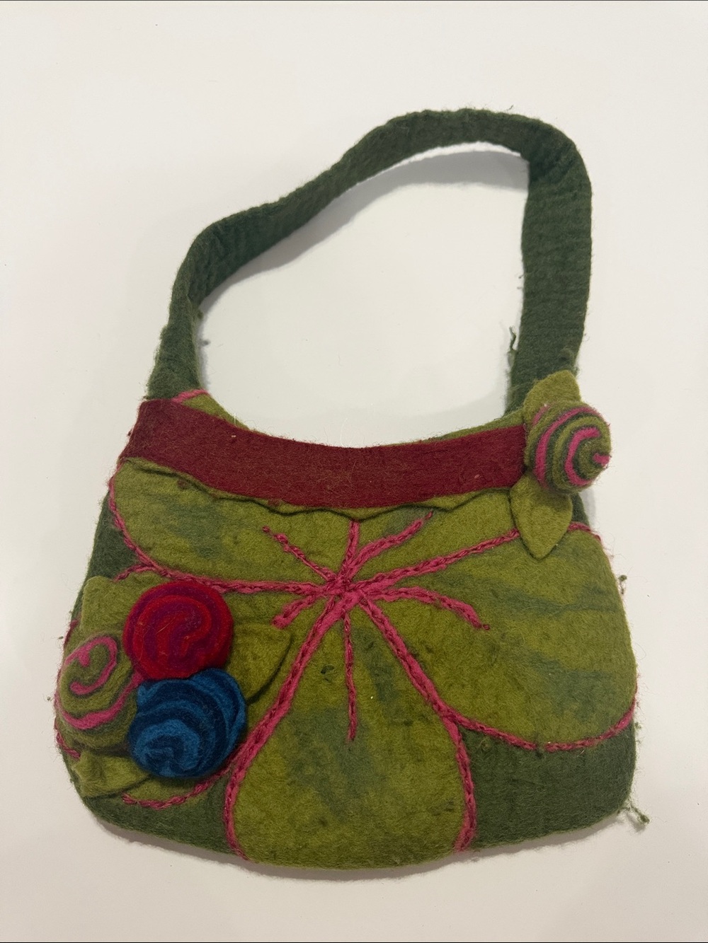 Boho Green Wool Shoulder Bag with Pink Accents